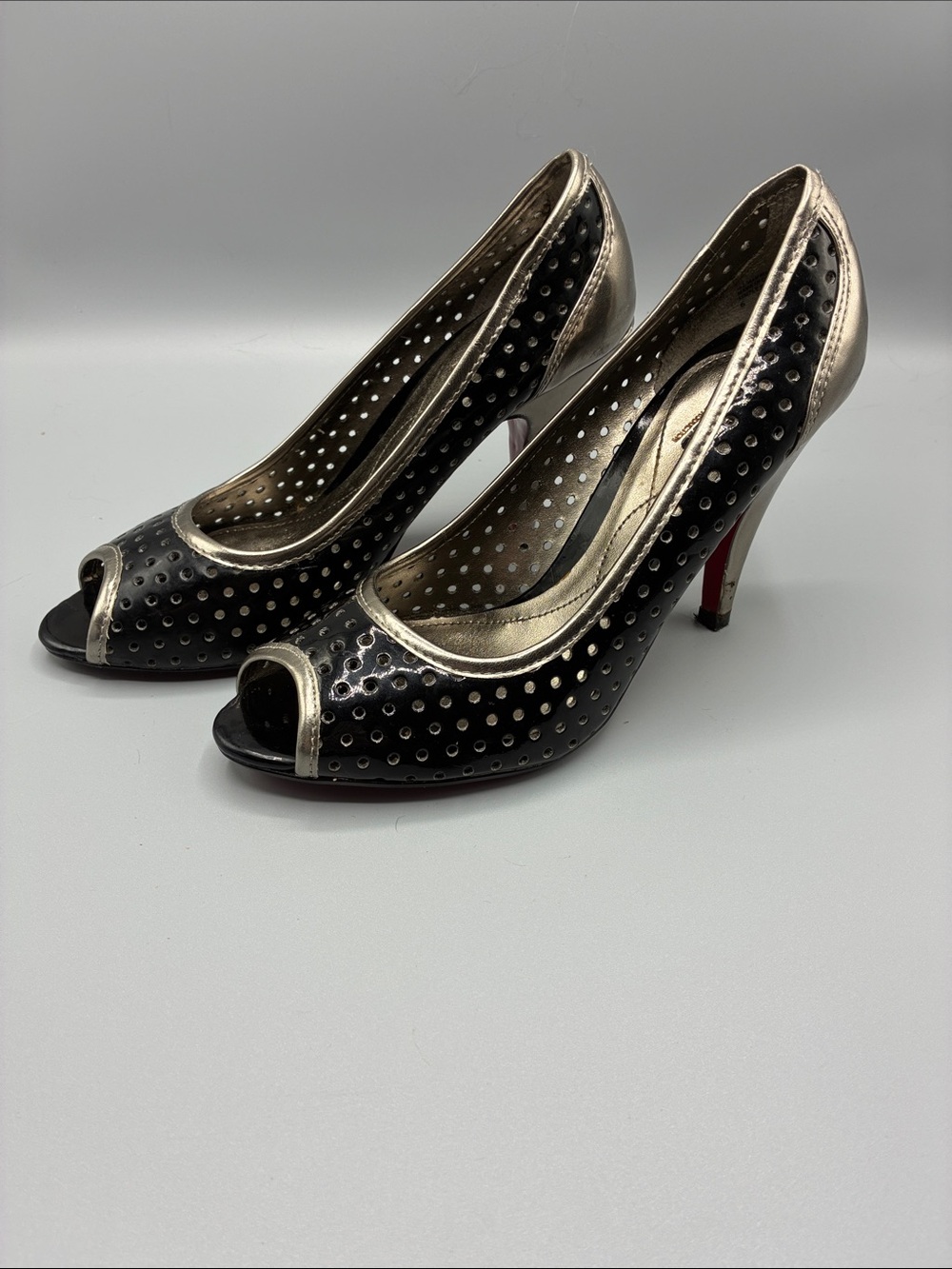 Black and Silver Peep-Toe High Heels with red bottoms